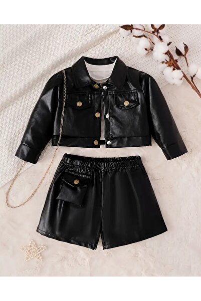 shop Set de 2 piese: jachetă și pantaloni scurți din imitație de piele, cu în...