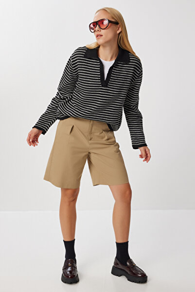 Lovelyİstanbul Polo Yaka Çizgili Triko Kazak LNS0085 SİYAH