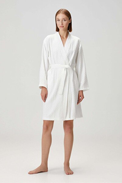 Barine Halat de baie din bumbac cu textura de fagure alb