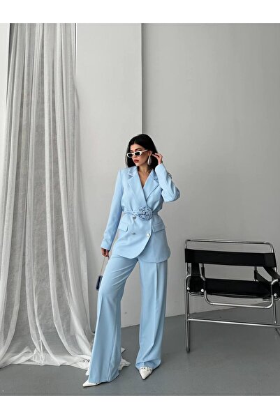 buqre's moda Women's Two-Piece Blazer Jacket Pants Suit Accessories Rose and Button Detail Loose Wide Leg