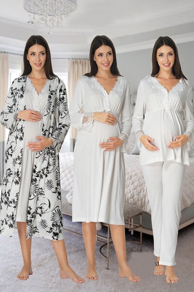 Lohusa Homewear Women's Ecru Special Design Maternity Dressing Gown, Pajama S...