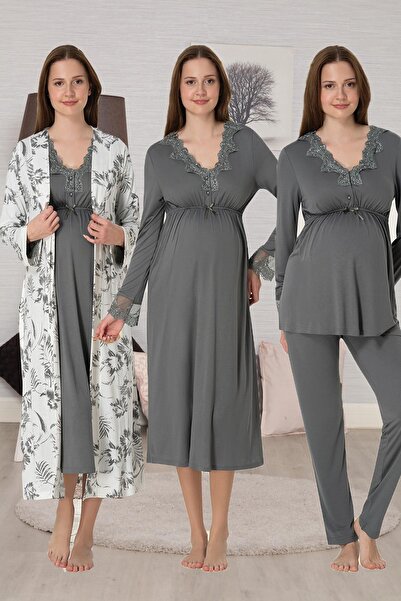 Lohusa Homewear Women's Smoked Special Design Maternity Dressing Gown, Pajama Set, Nightgown Set of 4