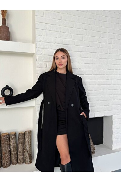 MODA DURAĞI Palton lung de cașmir cu buzunar cu curea