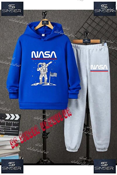 SS SİNSER Çocuk Unısex "ASTRONOT BEYZ UST NASA YAZI"Baskılı Kapşolu Eşofman Takımı