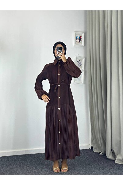 Esre Store 61555 - Paraşüt Kumaş Tesettür Elbise Kahverengi