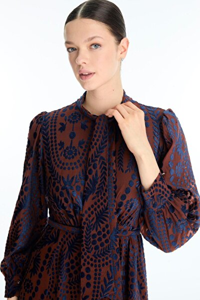 Zühre Desenli Fiyonk Yaka Detaylı Lacivert/Kiremit Elbise E-0536