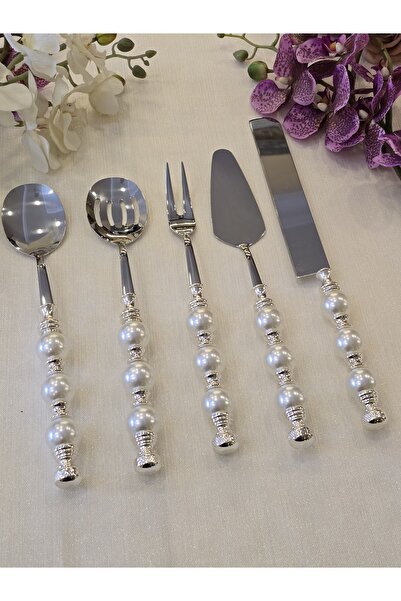 AlyaHomeAksesuar 5 Piece Pearl Serving Spoon Set Silver