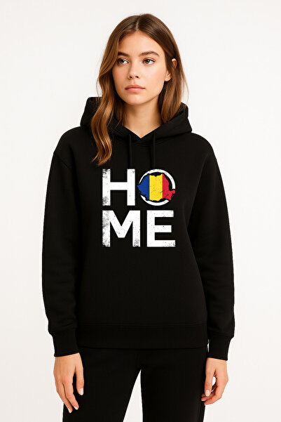 MODA سويت شيرت نسائي أسود بقلنسوة مطبوع عليه رومانيا رومانيا هوم