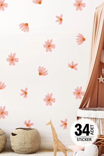 TUGİBU Pembe Papatya Sticker Seti, Soft Papatya Dekoratif Sticker, Çocuk Odas...