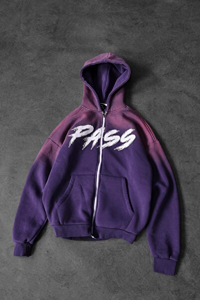 Slatra Чоловічий фіолетовий светр з капюшоном, повна застібка-блискавка, спеціальна обробка, оверсайз