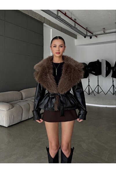 Ekim Store Black Fur Collar Tied Leather Jacket