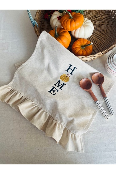 HOME OF BLOSSOM Raw Linen Ruffle Detailed Embroidered Kitchen Cloth