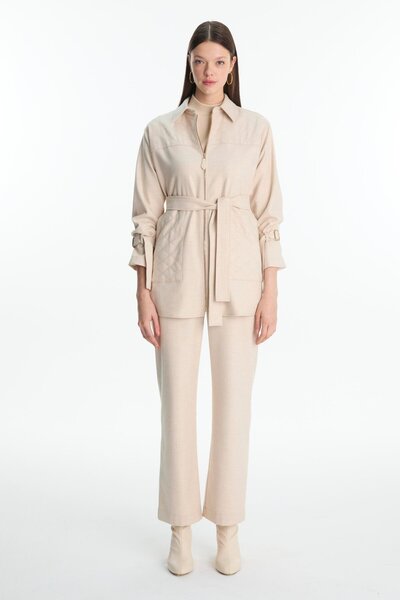 Zühre Zipper and Belt Detailed Jacket Pants Double Vanilla Set Tk-1634