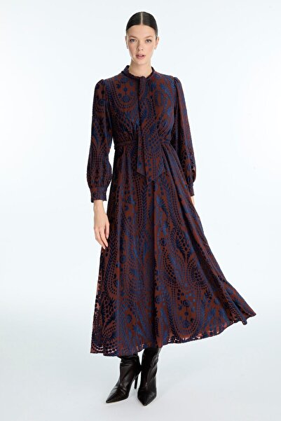 Zühre Desenli Fiyonk Yaka Detaylı Lacivert/Kiremit Elbise E-0536