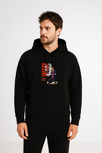MODA Hanorac Lionel Messi cu imprimeu pentru bărbați, negru, cu glugă Swea tricou