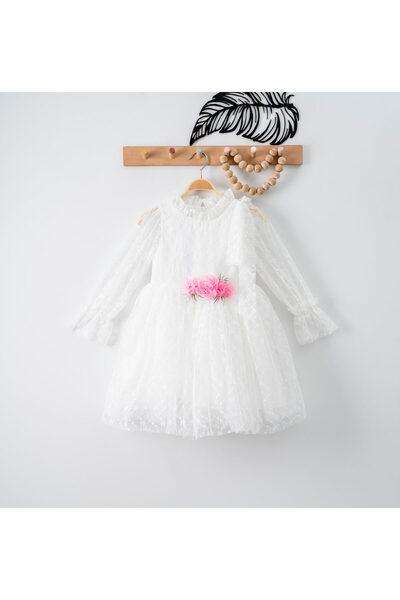 Tivido Princess White Dress with Lace and Floral Accessory, Powder Pink, 3-6 Years
