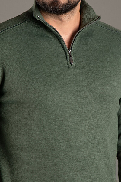 ZEKİ ÖZER Men's Khaki Zippered Stand-Up Collar Knitwear