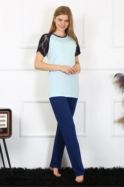 Ürün Evim Set de pijamale din bumbac pieptănat cu mâneci pentru femei, verde apă