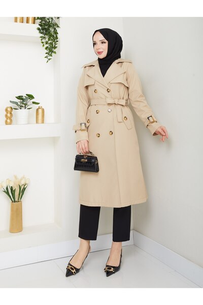 Vibeys Collection Women's Lined Trench Coat with Button Detail on the Back