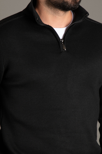 ZEKİ ÖZER Men's Black Zip-Up Stand-Up Collar Knitwear