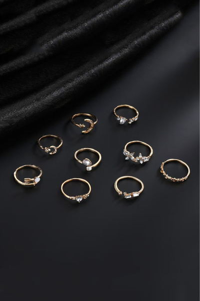 The Collection 9-Piece Stone Combination Moon Star Butterfly Arrow Heart Design Gold Ring Set