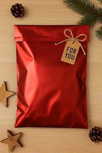 Dekals 10 Adet 25x35 Metalik Kırmızı Kendinden Bantlı Hediye Poşeti