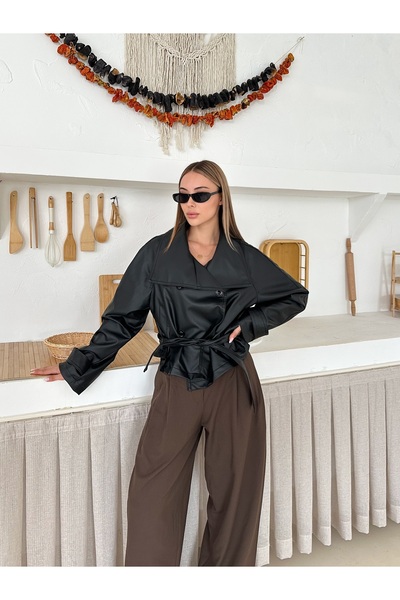 Ekim Store Trench scurt din piele decolteu petrecut în V cu curea