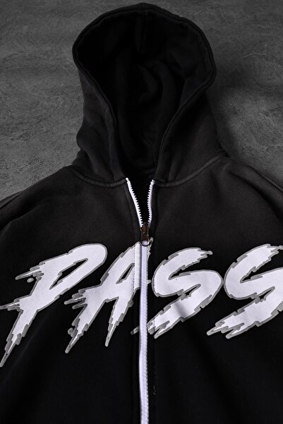 Slatra Ανδρικό φούτερ με κουκούλα με φερμουάρ, μαύρο, προσαρμοσμένο πλύσιμο, oversize