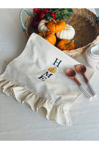 HOME OF BLOSSOM Raw Linen Ruffle Detailed Embroidered Kitchen Cloth