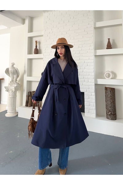 Ekim Store Pelerinli Düğmeli Kuşaklı Maxi Trençkot