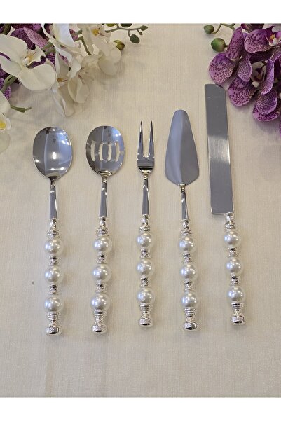 AlyaHomeAksesuar 5 Piece Pearl Serving Spoon Set Silver