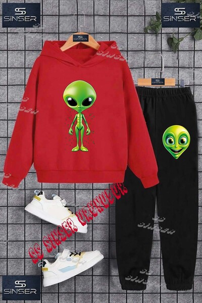 SS SİNSER Детски унисекс комплект спортен екип с качулка и принт „Alien Green...