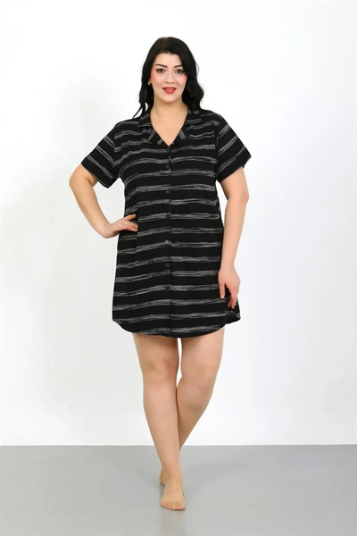 alfa expres Fashion Plus Size Combed Cotton Buttoned Black Tunic Nightgown