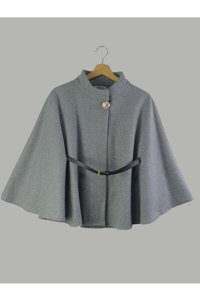 Nergis Neva Butik Kaşe Gold Buttoned Leather Belted Poncho