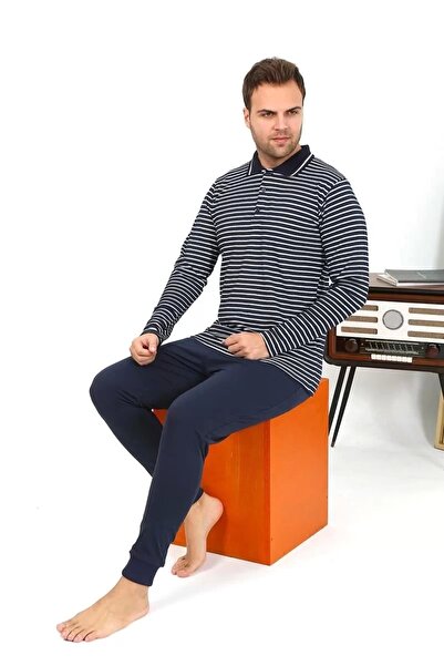 alfa expres Fashion Men's Polo Neck Long Sleeve Combed Cotton Pajama Set Navy Blue