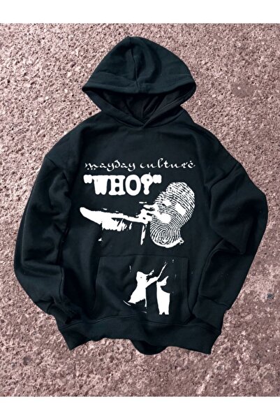 MAYDAY CULTURE Μαύρο φούτερ με τρεις κλωστές, unisex oversize με στάμπα DTF