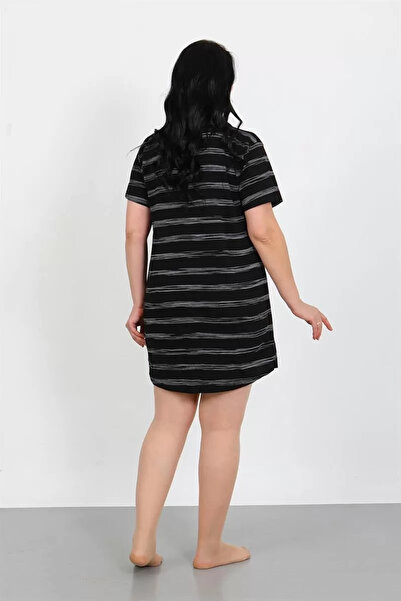 alfa expres Fashion Plus Size Combed Cotton Buttoned Black Tunic Nightgown