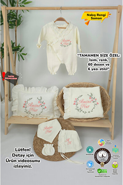 gros shop Müslin Yeni Doğan 4Katlı Organik %100Pamuk Kişiye Özgü Nakışlı Hast...