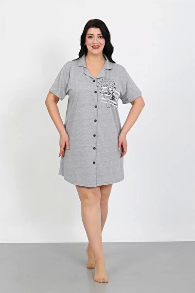 alfa expres Fashion Plus Size Combed Cotton Buttoned Gray Tunic Nightgown
