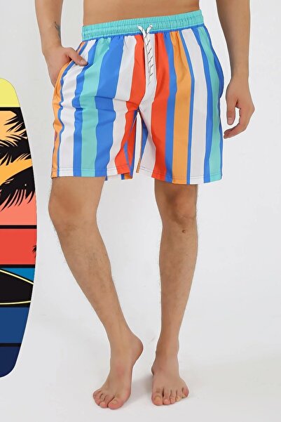 Genel Markalar Moda Erkek Desenli Fermuar Cepli Deniz Şortu Mavi