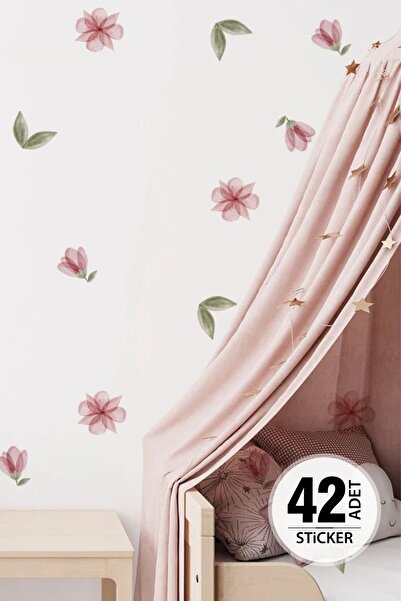 TUGİBU Pembe Soft Çiçekler Sticker Seti, Dekoratif Çiçek Sticker, Çocuk Odası...