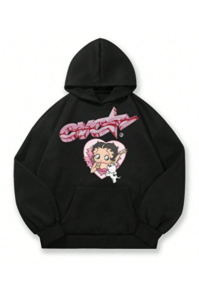 MAYDAY CULTURE Черна Betty Boop трилентова блуза с шарки, унисекс, с голям ра...