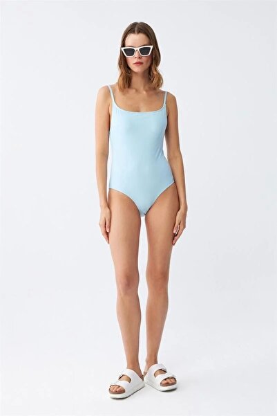 alfa expres Моден дамски бански костюм с тънки презрамки в цвят ледено синьо