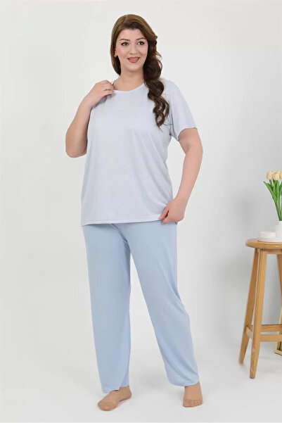 alfa expres Fashion Women's Plus Size Short Sleeve Combed Cotton Pajama Set Blue