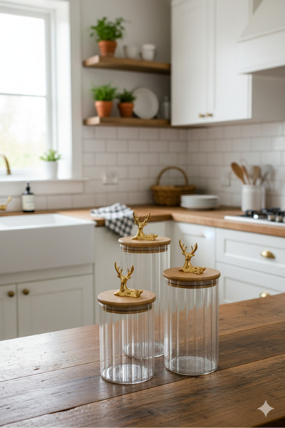 clasavm 3-Piece Transparent Glass Jar with Bamboo Lid and Deer Figure |   Transparent Glass Storage Container - Glass 3 Size Jars