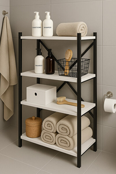 WANDOO Banyo Düzenleyici Banyo Rafları – Metal Çerçeveli banyo organizetör – 4 Katlı (55x25x120 cm)