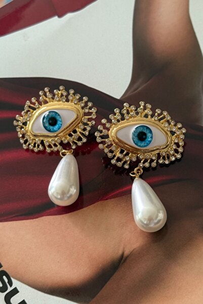 Trendy Butik Steel Pearl Dangle Eye Earrings