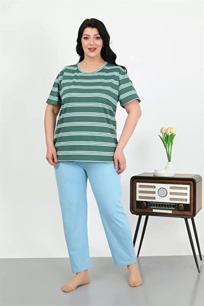 alfa expres Fashion Women's Plus Size Short Sleeve Combed Cotton Pajama Set Petrol