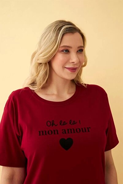 alfa expres Fashion Women's Burgundy Heart Patterned Plus Size Capri Pajama Set