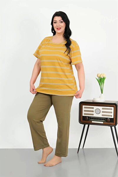 alfa expres Fashion Women's Plus Size Short Sleeve Combed Cotton Pajama Set Yellow